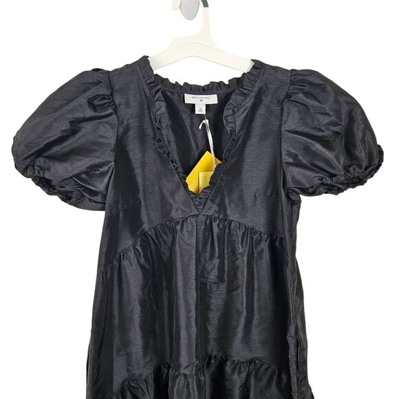 Kika Vargas Womens XS Dress Black Ruffle Tiered Puff Sleeve V-Neck Midi Hi Lo - Picture 5 of 12